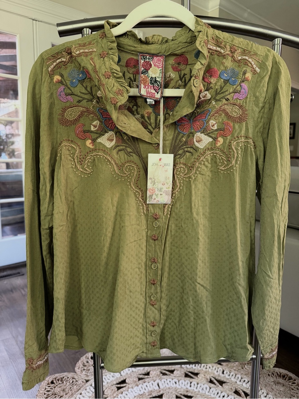 Johnny Was Olive Green Embroidered Button-Front Blouse